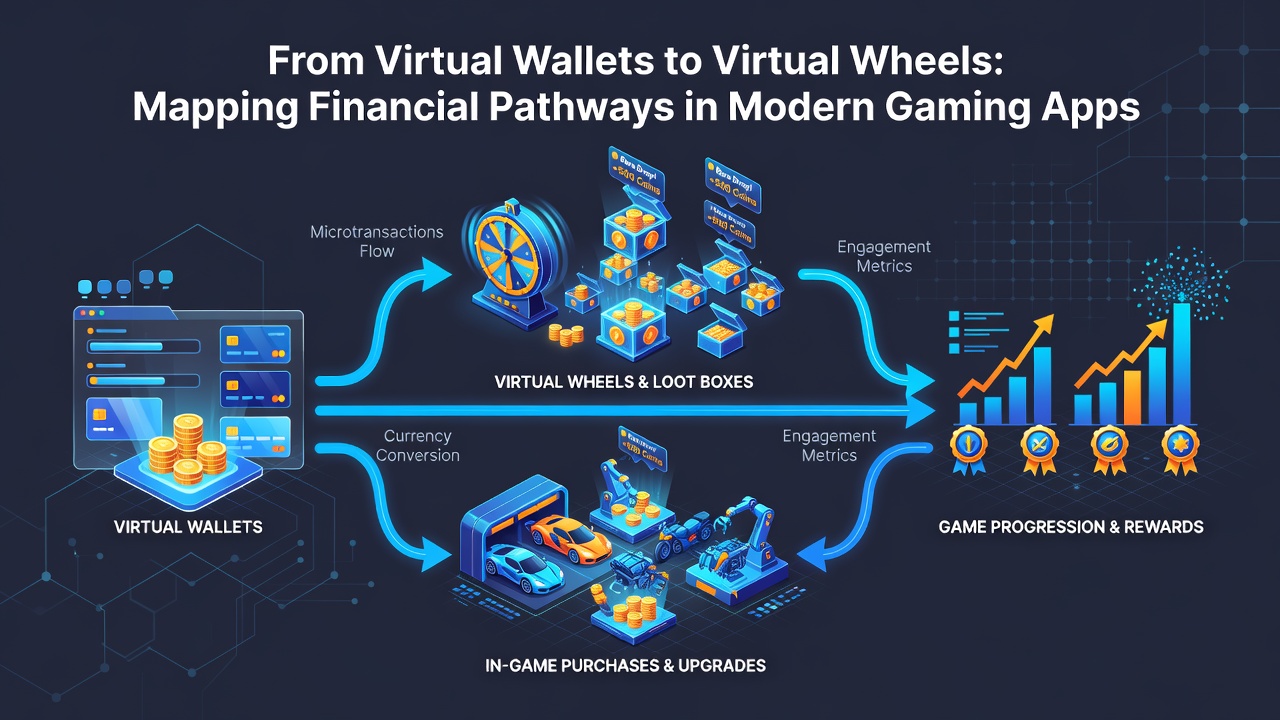 Diagram showing financial flow from real money deposits through virtual wallets to in-game wheel purchases